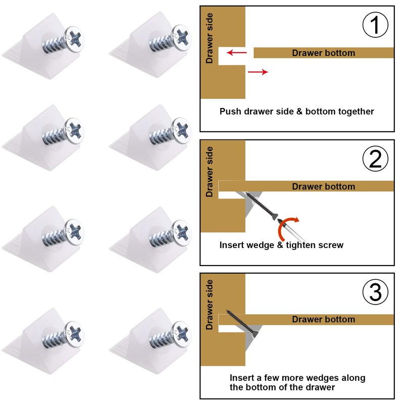 Canomo 100 Packs Fixing Mending Wedges 90 Degree Drawer Plastic Angle Code Bracket for Furniture Chest Drawer Bottom Repair with Screws, 14.5x13.5x9.5mm - Image 3